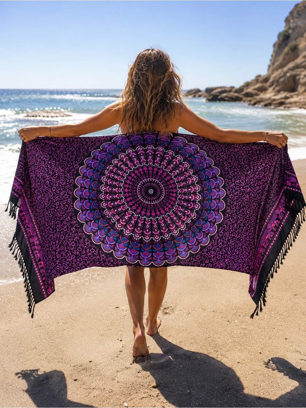 Boho Mandala Shawl Wrap Scarf Pink Blue Rhinestone Fringe Festival Beach